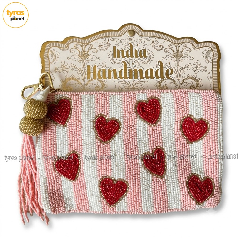 Wandering Moon Pink White Heart Beaded Travel Pouch Tassel Zipper Handmade NEW